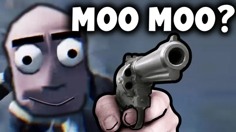 Moo Moo Mystery Roblox key art with a revolver pointed at the camera