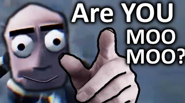 Character pointing at the viewer with the text Are YOU MOO MOO