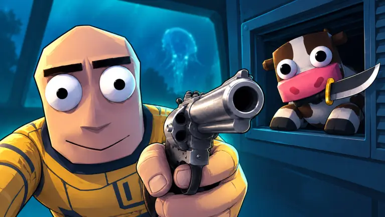 Security aiming a revolver while the cow holds a knife outside a window