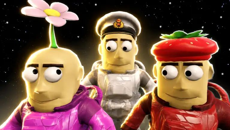 Three Moo Moo Mystery characters wearing a flower, captain hat and strawberry hat