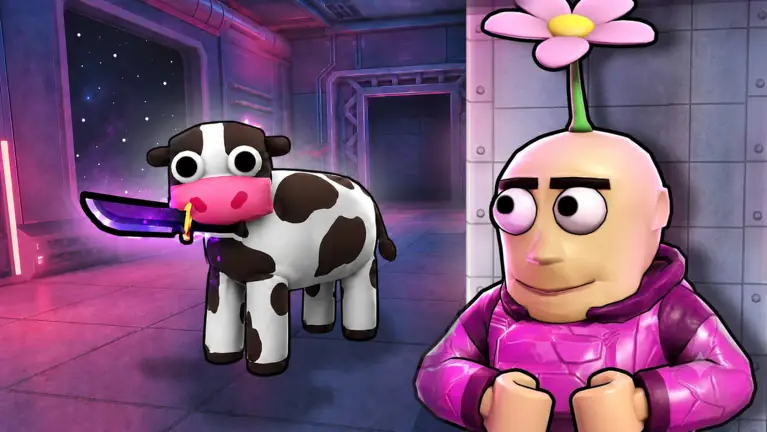 The cow holding a knife beside a character with a flower hat