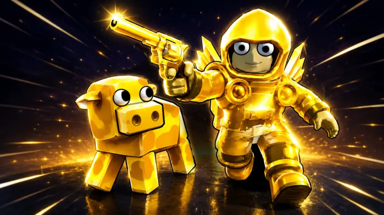Golden character with a revolver and a golden cow skin