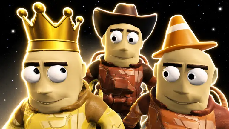Three characters wearing a gold crown, cowboy hat and traffic cone hat