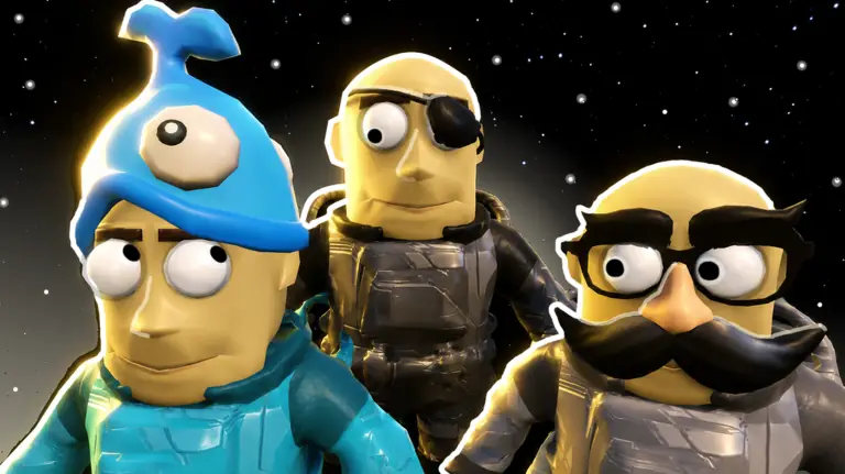 Characters wearing a shark fin hat, an eyepatch and disguise glasses