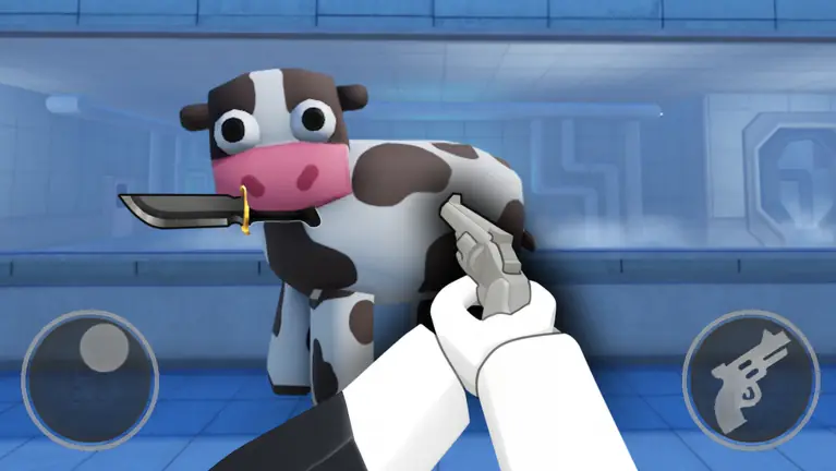 First-person security view aiming at the cow holding a knife